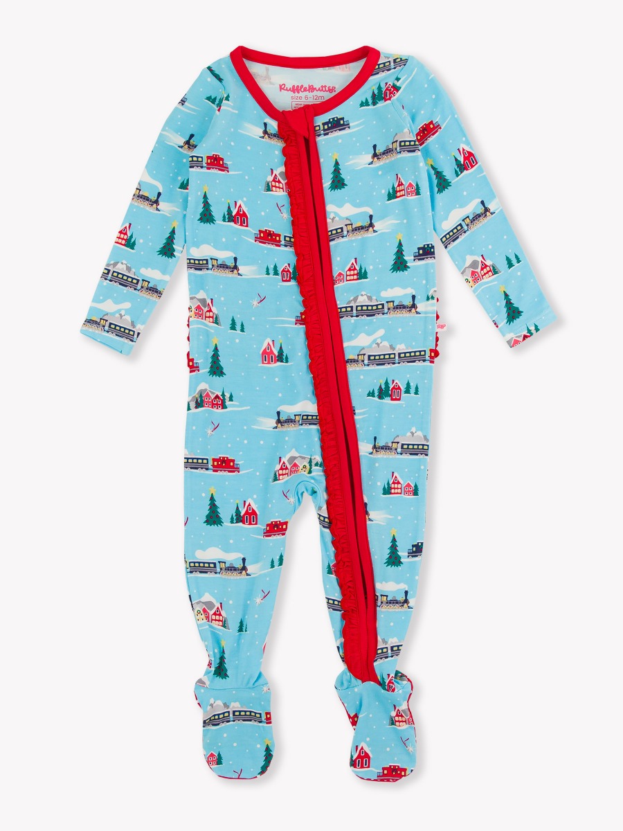 All Aboard Ruffle One Piece Footie Pajama, Bamboo Viscose
