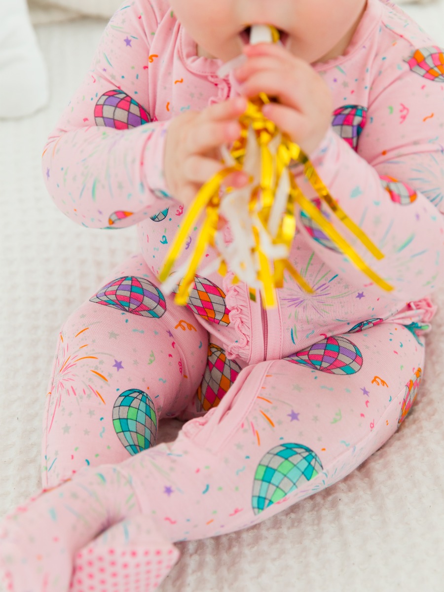 Pink Happy New Year Ruffle One Piece Footie Pajamas