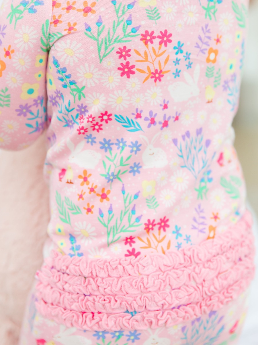Girls Pink Fawn Dot One Piece Footie Pajamas by RuffleButts main image 1