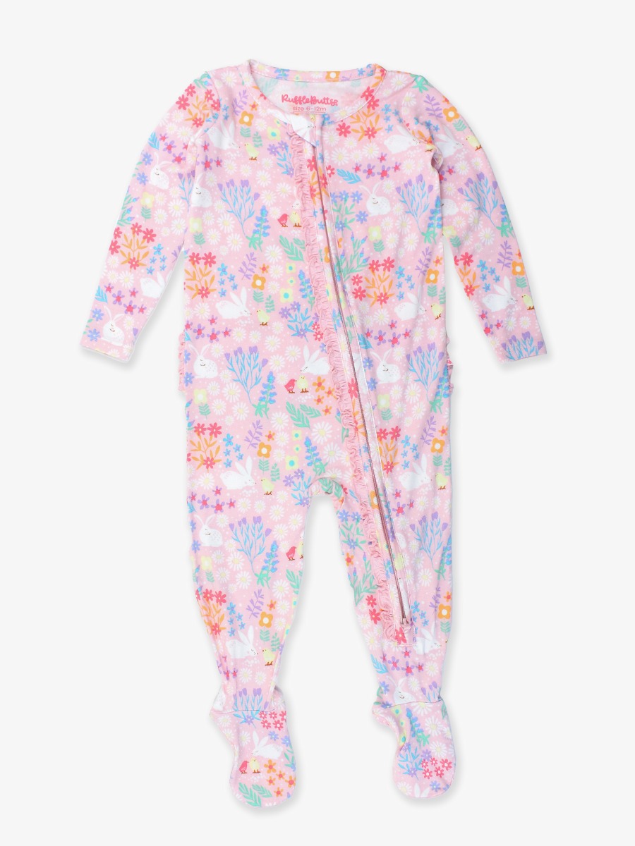 Bunny and Friends Ruffle One Piece Footie Pajama, Bamboo Viscose