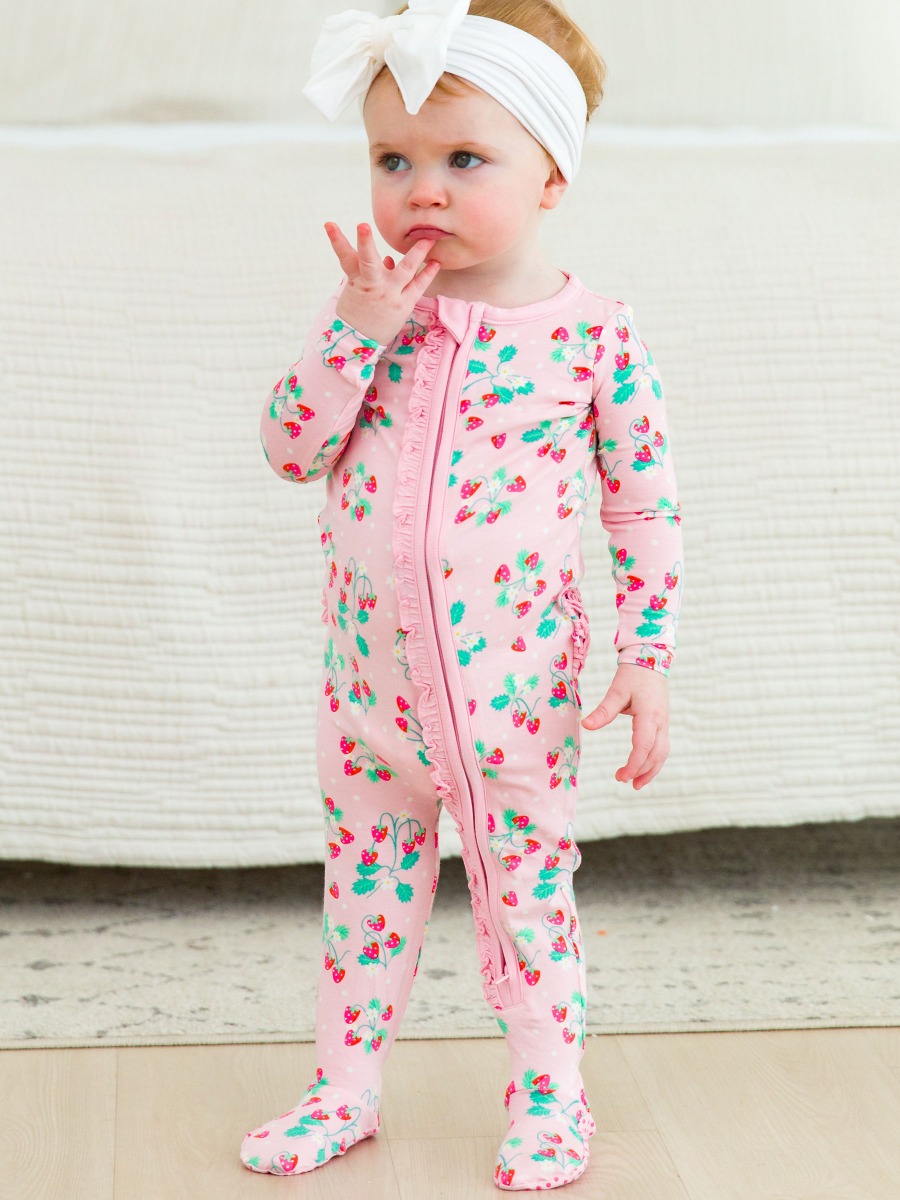 Sweet As Strawberries Ruffle One Piece Footie Pajamas
