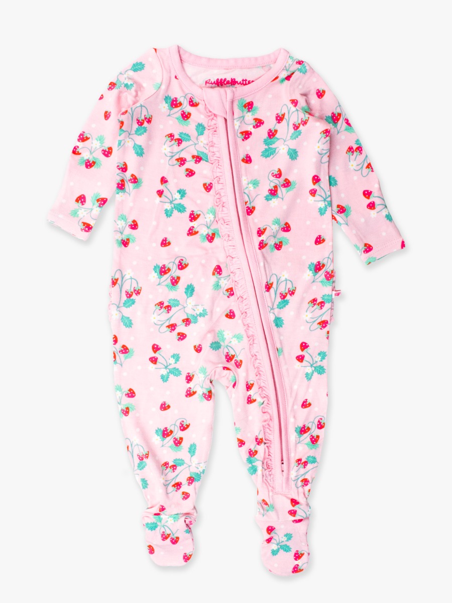 Sweet As Strawberries Ruffle One Piece Footie Pajama, Bamboo Viscose