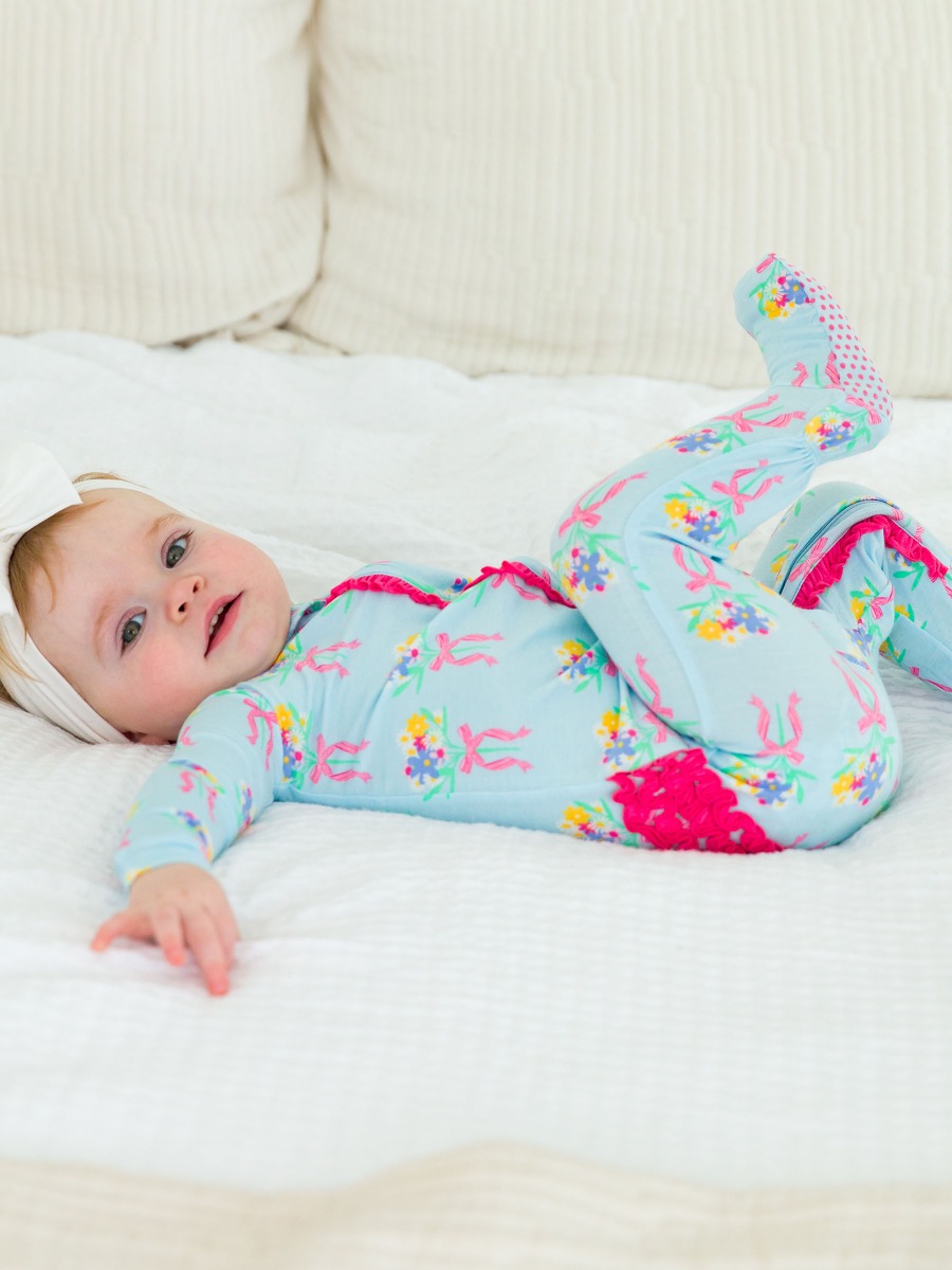 Bows and Bouquets Ruffle One Piece Footie Pajama, Bamboo Viscose