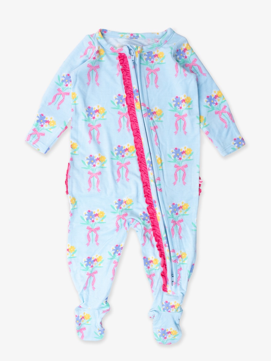 Bows and Bouquets Ruffle One Piece Footie Pajamas