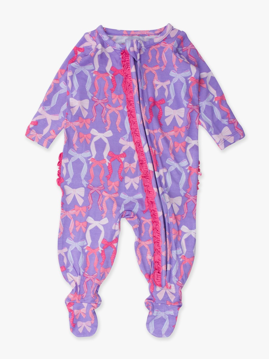 Rosy Ribbons Ruffle One Piece Footie Pajama, Bamboo Viscose