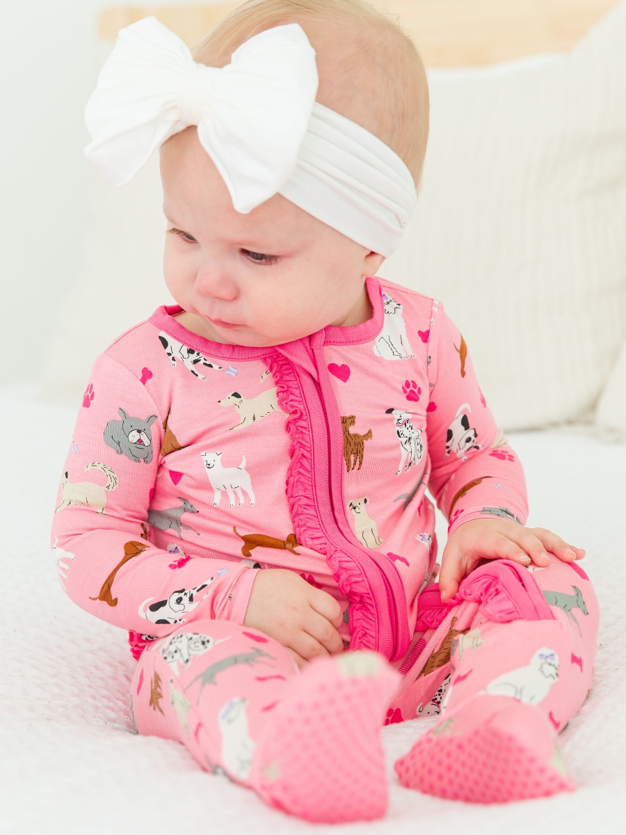 Pink Puppy Playtime Ruffle One Piece Footie Pajama, Bamboo Viscose