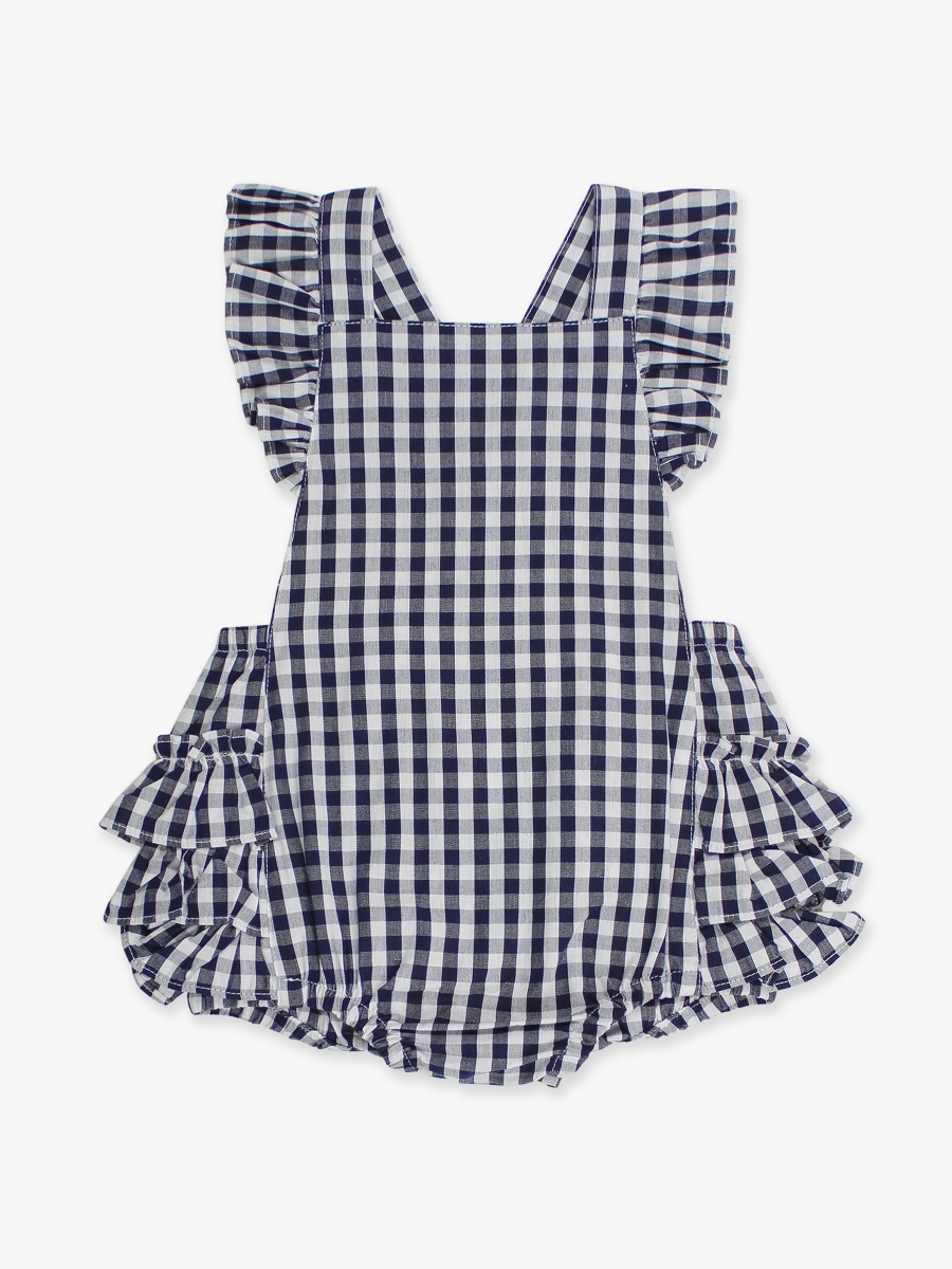 Classic Dark Navy Gingham Flutter Overall Romper