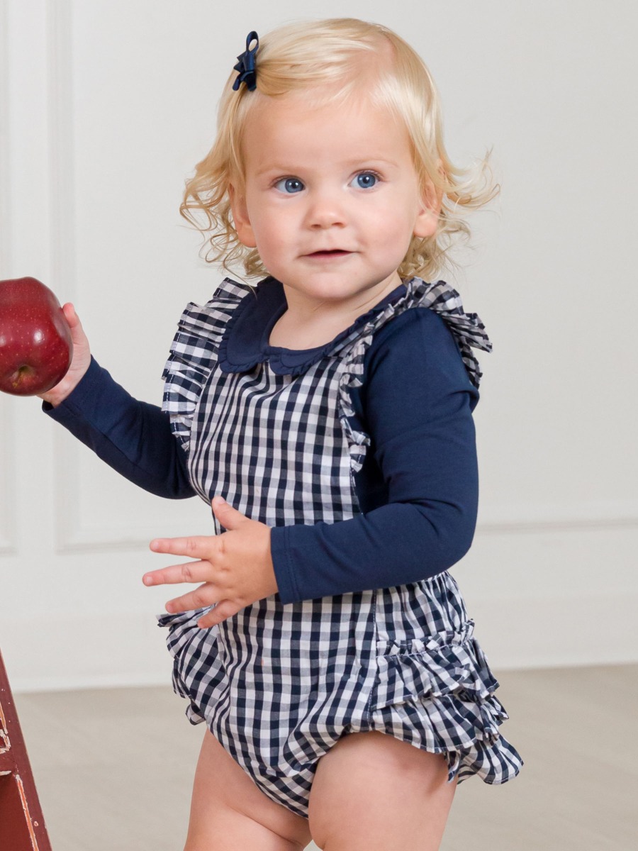 Classic Dark Navy Gingham Flutter Overall Romper