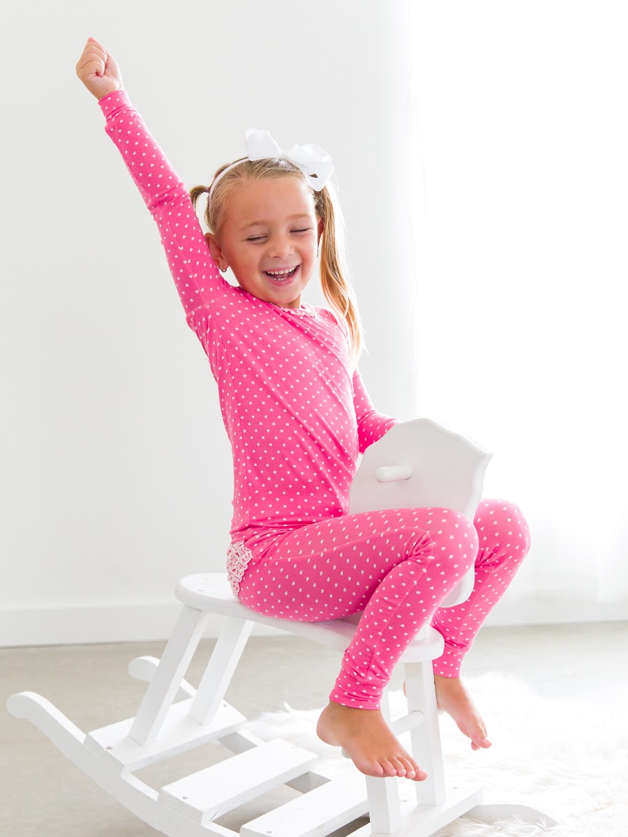 Hot Pink Heart Polka Dot Toddler Ruffle Long Sleeve Pajama Set, Bamboo Viscose