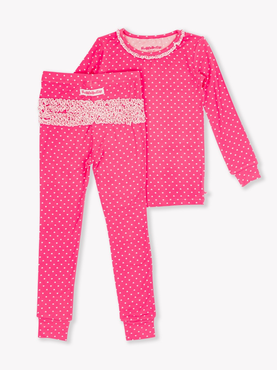 Hot Pink Heart Polka Dot Toddler Ruffle Long Sleeve Pajama Set, Bamboo Viscose