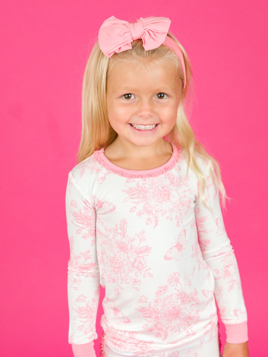 Pink Butterfly Garden Toile Toddler Ruffle Long Sleeve Pajama Set, Bamboo Viscose