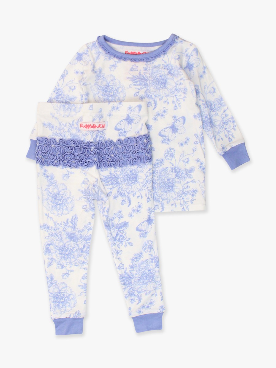 Periwinkle Blue Butterfly Garden Toile Toddler Ruffle Long Sleeve Pajama Set, Bamboo Viscose
