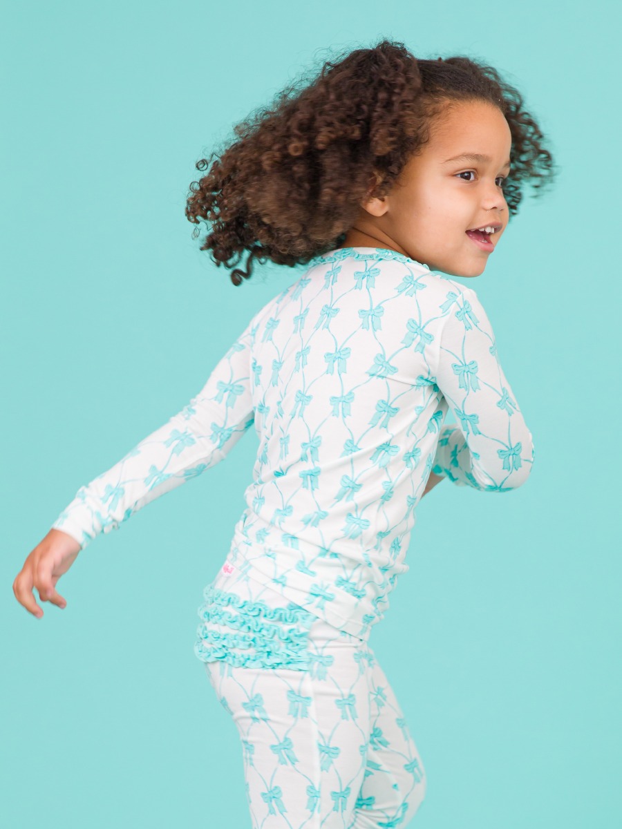 Teal Fairytale Bows Toddler Ruffle Long Sleeve Pajama Set, Bamboo Viscose