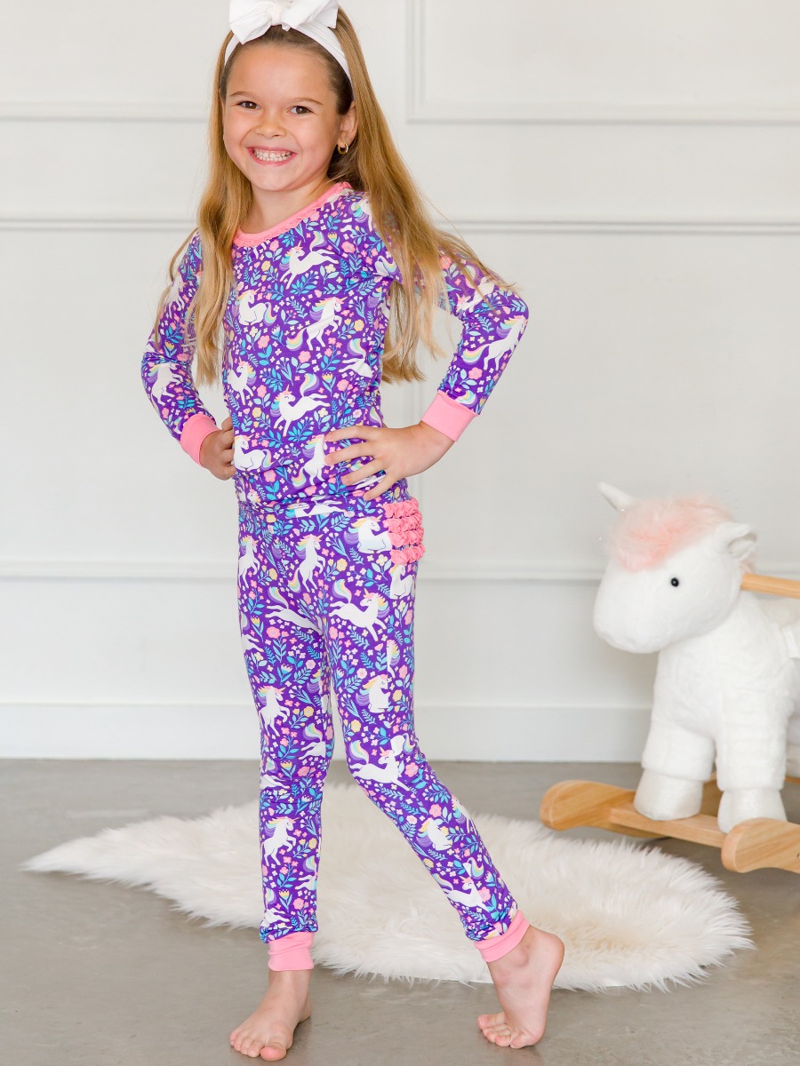Unicorn Meadow Toddler Ruffle Long Sleeve Pajama Set, Bamboo Viscose