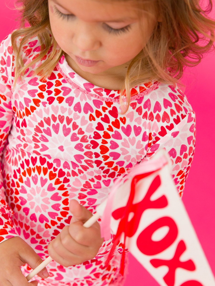 Pink Kaleidoscope Hearts Toddler Ruffle Long Sleeve Pajama Set, Bamboo Viscose