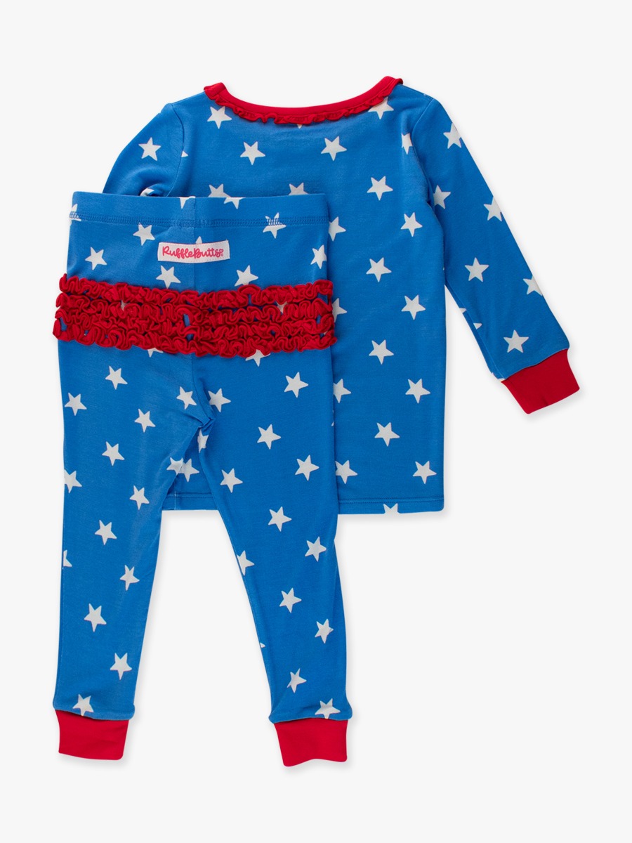 Stars & Stripes Ruffle Long Sleeve Pajama Set, Bamboo Viscose