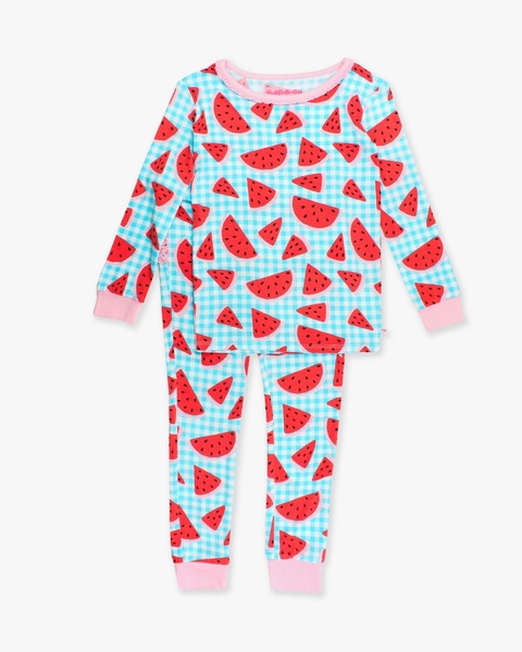 Watermelon Gingham Toddler Ruffle Long Sleeve Pajama Set, Bamboo Viscose