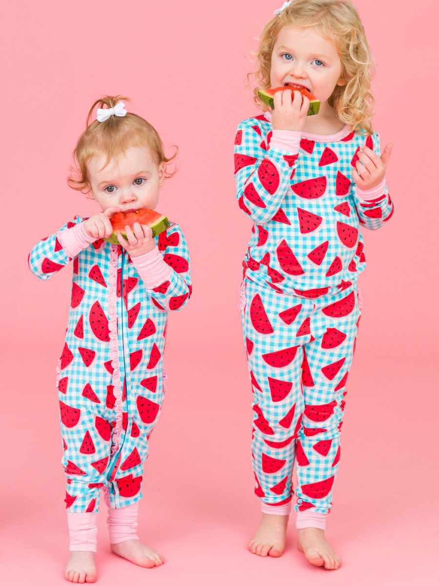 Watermelon Gingham Toddler Ruffle Long Sleeve Pajama Set, Bamboo Viscose