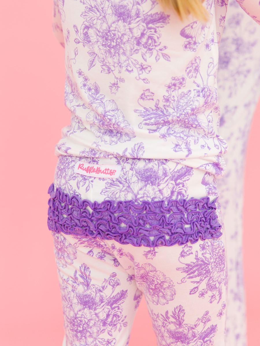 Wisteria Purple Butterfly Garden Toile Toddler Ruffle Long Sleeve Pajama Set, Bamboo Viscose