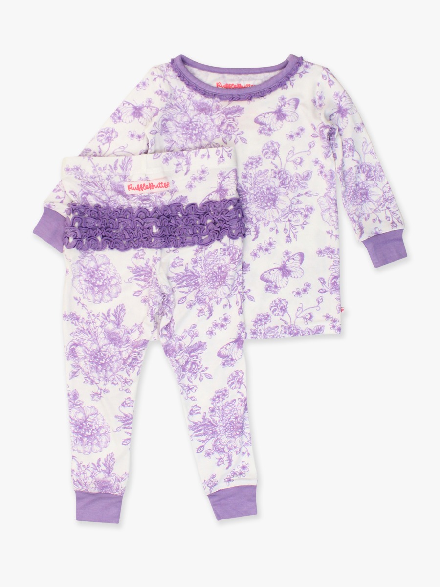 Wisteria Purple Butterfly Garden Toile Toddler Ruffle Long Sleeve Pajama Set, Bamboo Viscose
