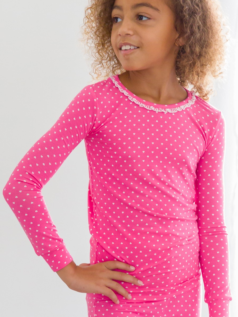 Hot Pink Heart Polka Dot Ruffle Long Sleeve Pajama Set