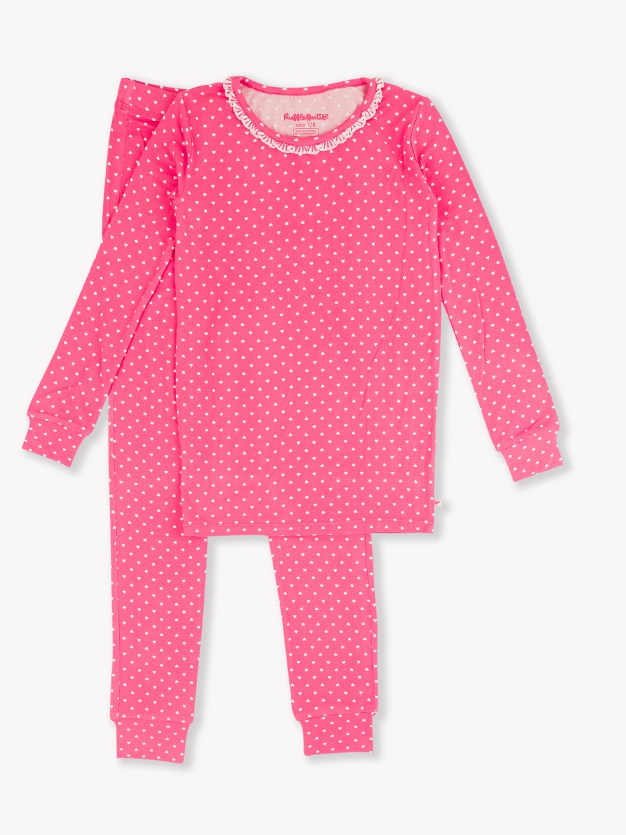 Hot Pink Heart Polka Dot Ruffle Long Sleeve Pajama Set
