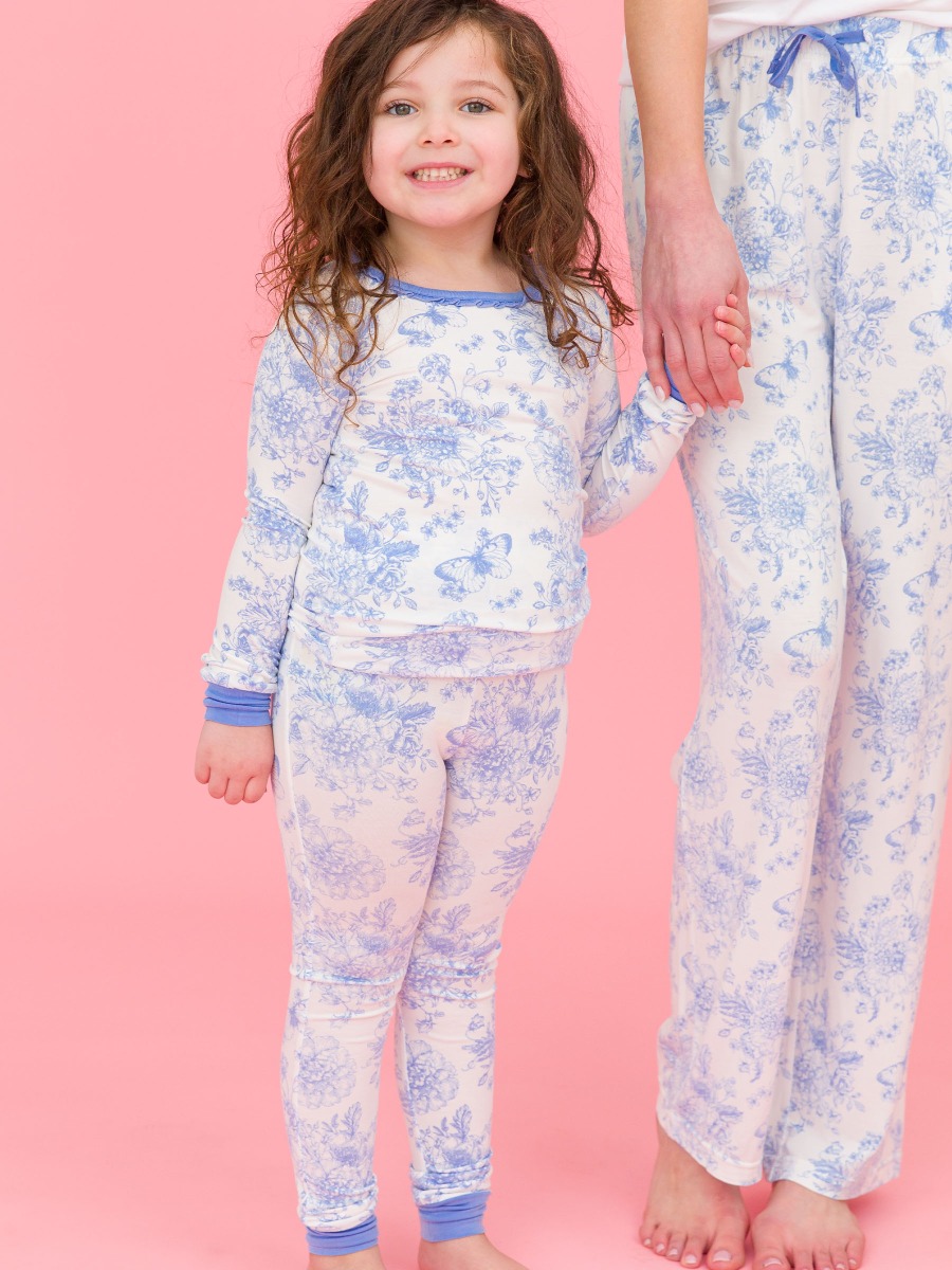 Periwinkle Blue Butterfly Garden Toile Ruffle Long Sleeve Pajama Set
