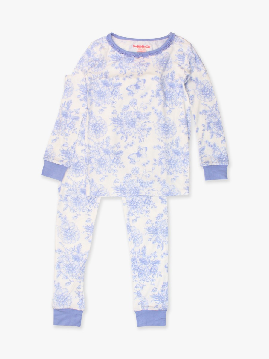 Periwinkle Blue Butterfly Garden Toile Ruffle Long Sleeve Pajama Set