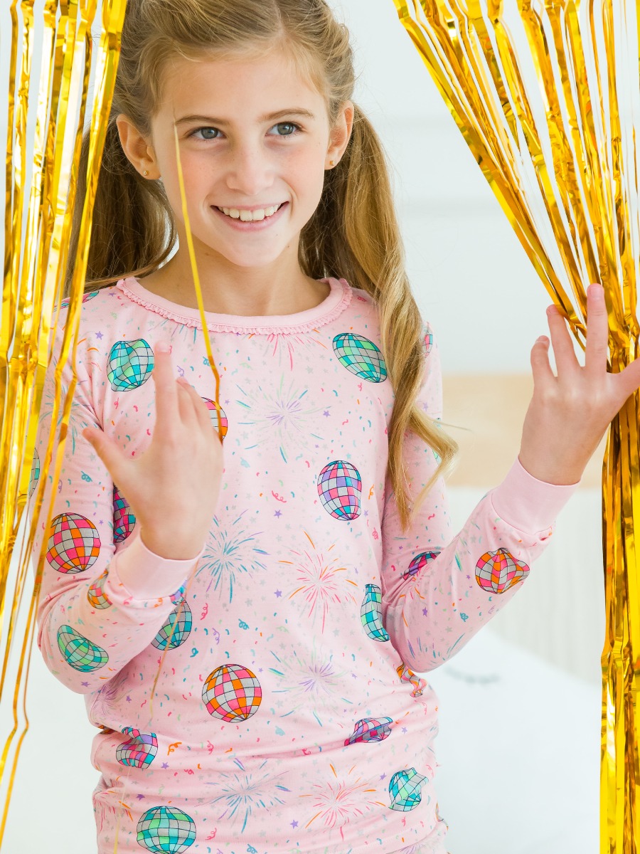 Pink Happy New Year Ruffle Long Sleeve Pajama Set