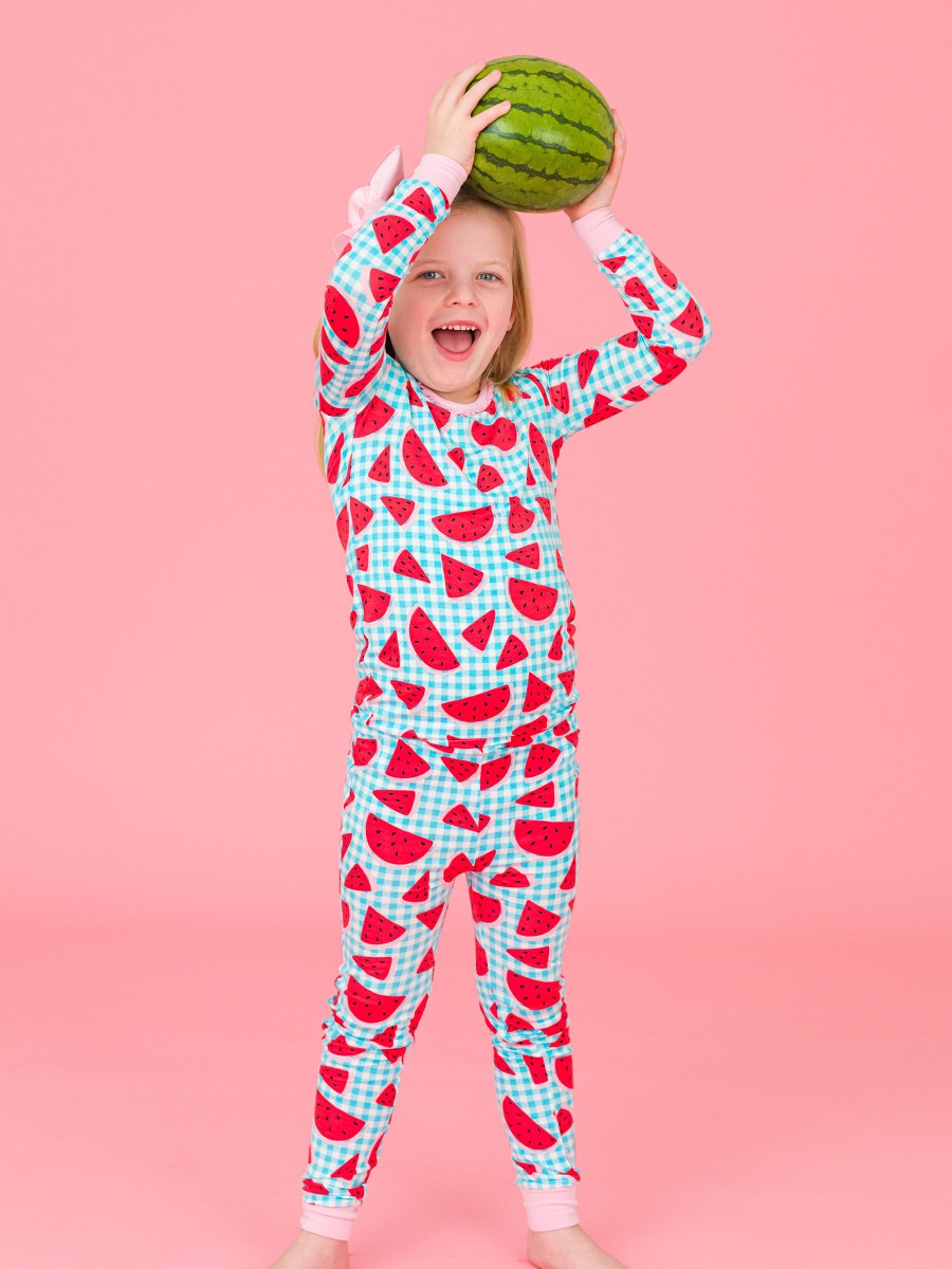 Watermelon Gingham Ruffle Long Sleeve Pajama Set, Bamboo Viscose