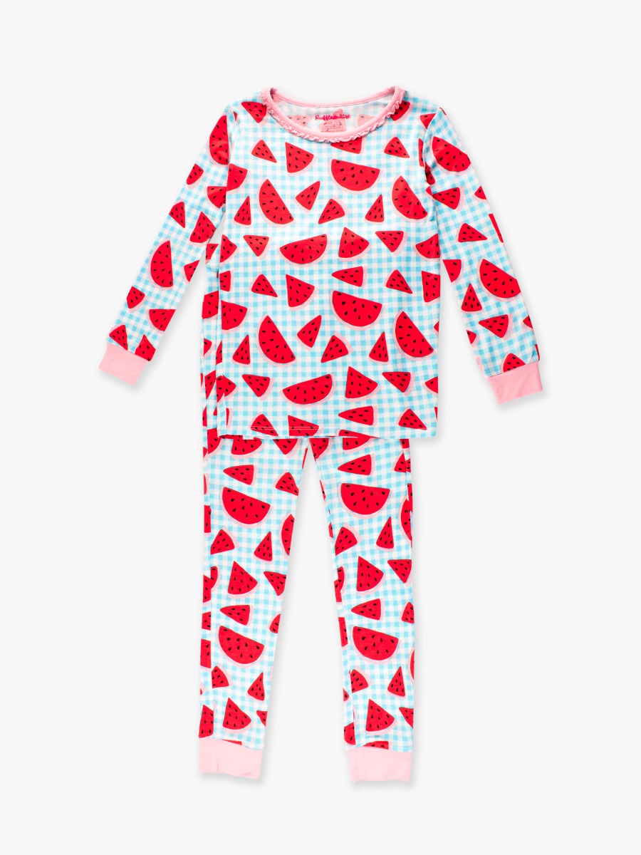 Watermelon Gingham Ruffle Long Sleeve Pajama Set, Bamboo Viscose