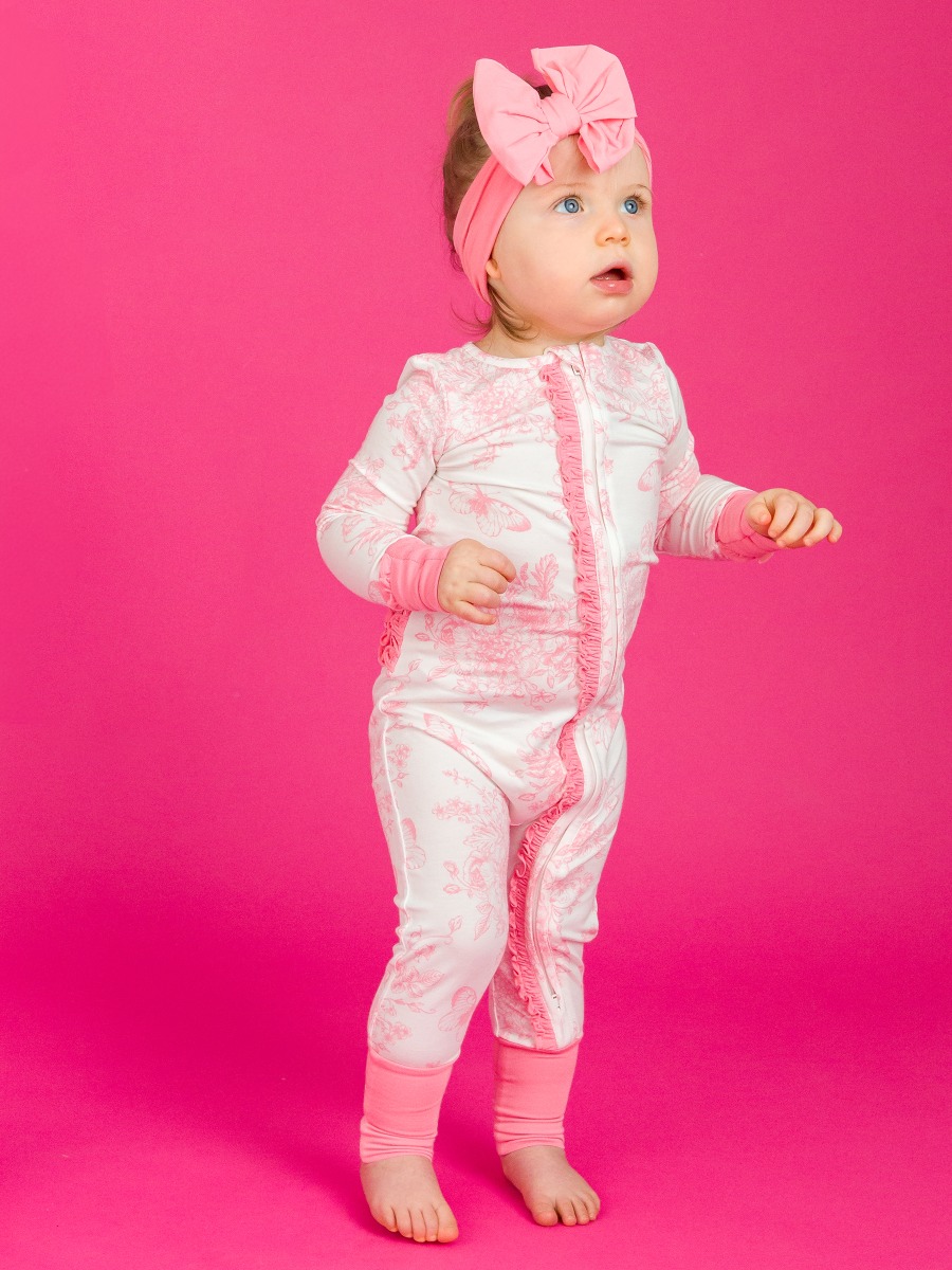 Pink Butterfly Garden Toile Convertible Ruffle One Piece Pajama, Bamboo Viscose