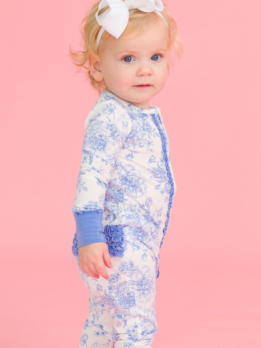 Periwinkle Blue Butterfly Garden Toile Convertible Ruffle One Piece Pajama, Bamboo Viscose
