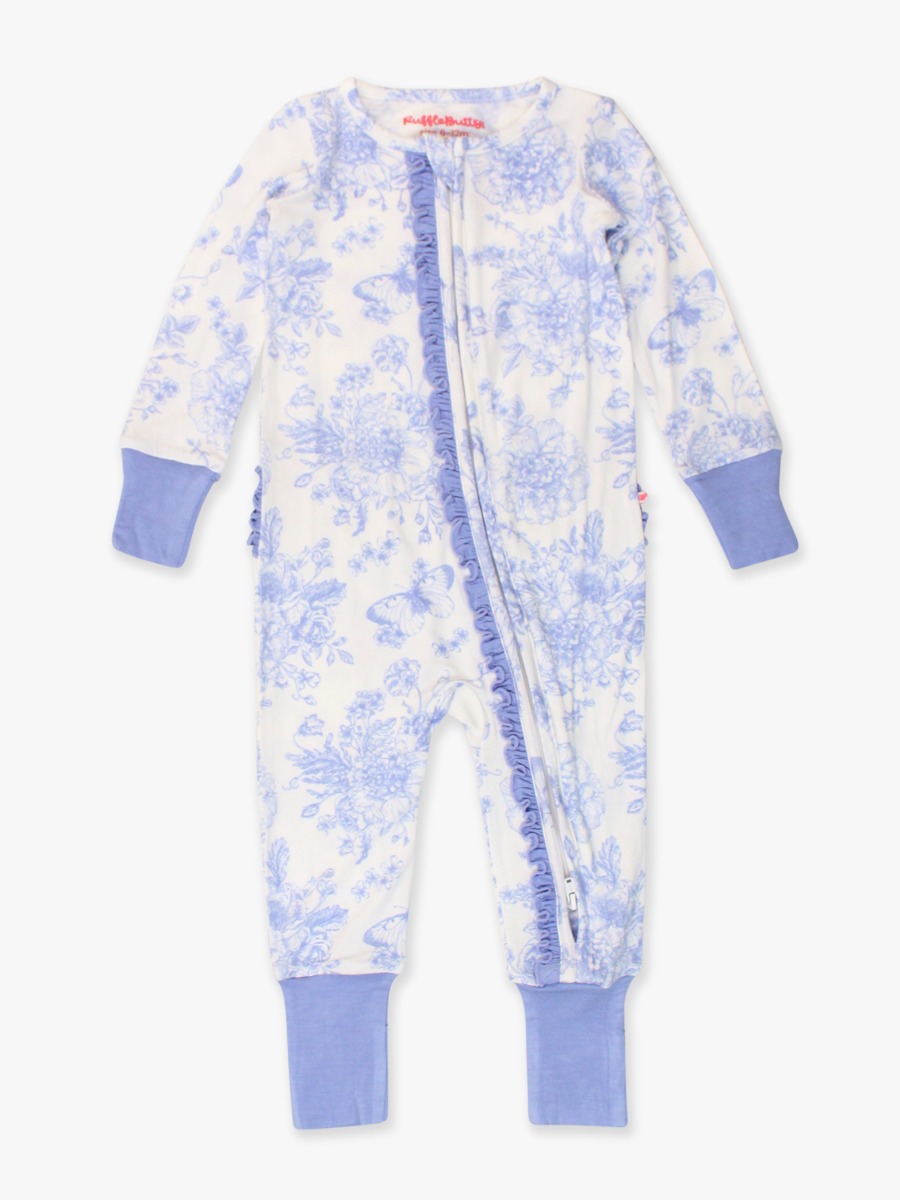 Periwinkle Blue Butterfly Garden Toile Convertible Ruffle One Piece Pajama, Bamboo Viscose