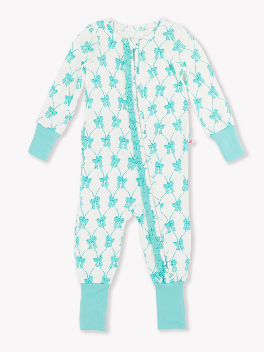 Teal Fairytale Bows Ruffle One Piece Convertible Pajamas