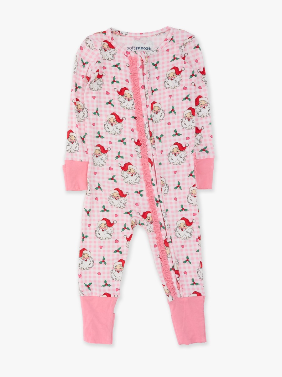 Line drawing of Pink Dear Santa Ruffle One Piece Convertible Pajamas. A dotted circle indicates the approximate location for personalization.