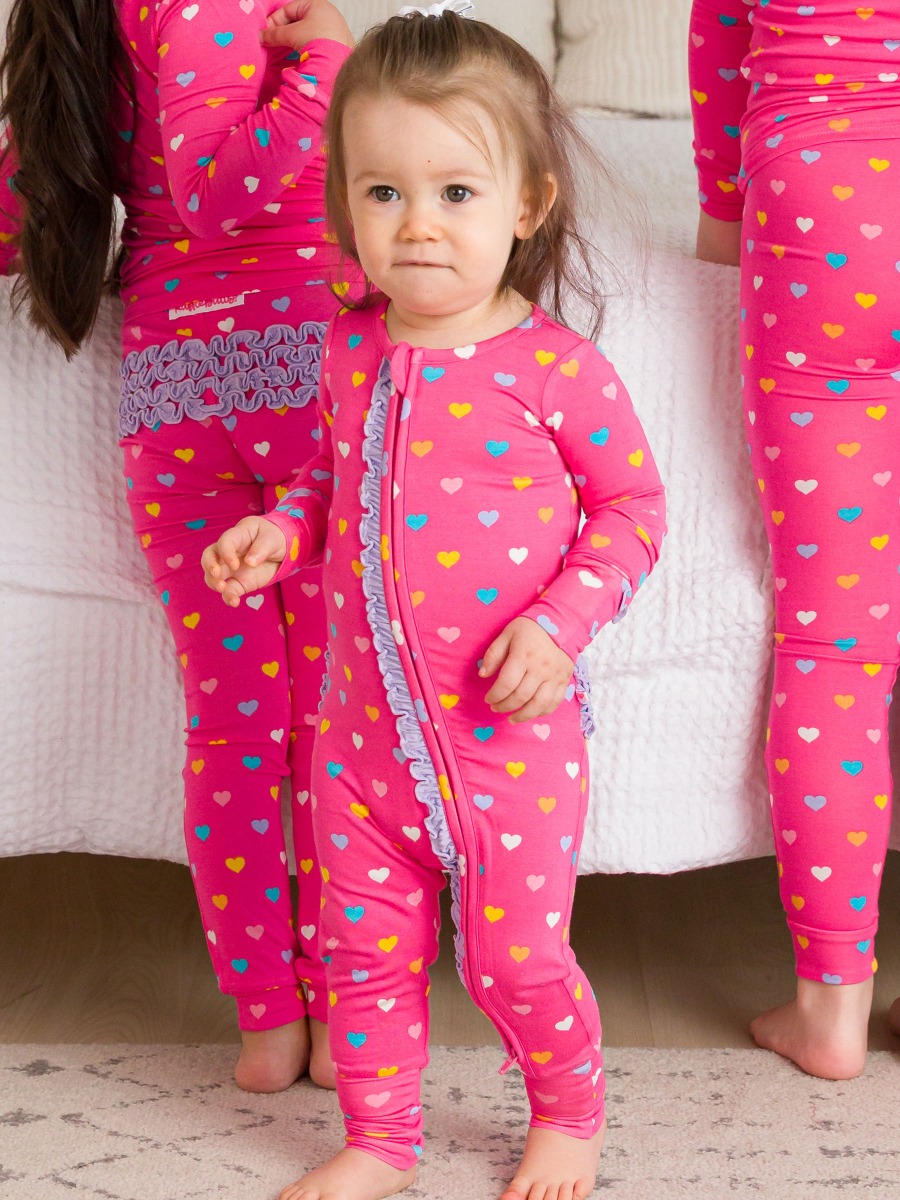 Colorful Hearts Convertible Ruffle One Piece Pajama, Bamboo Viscose