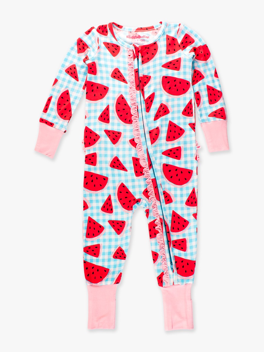 Watermelon Gingham Convertible Ruffle One Piece Pajama, Bamboo Viscose