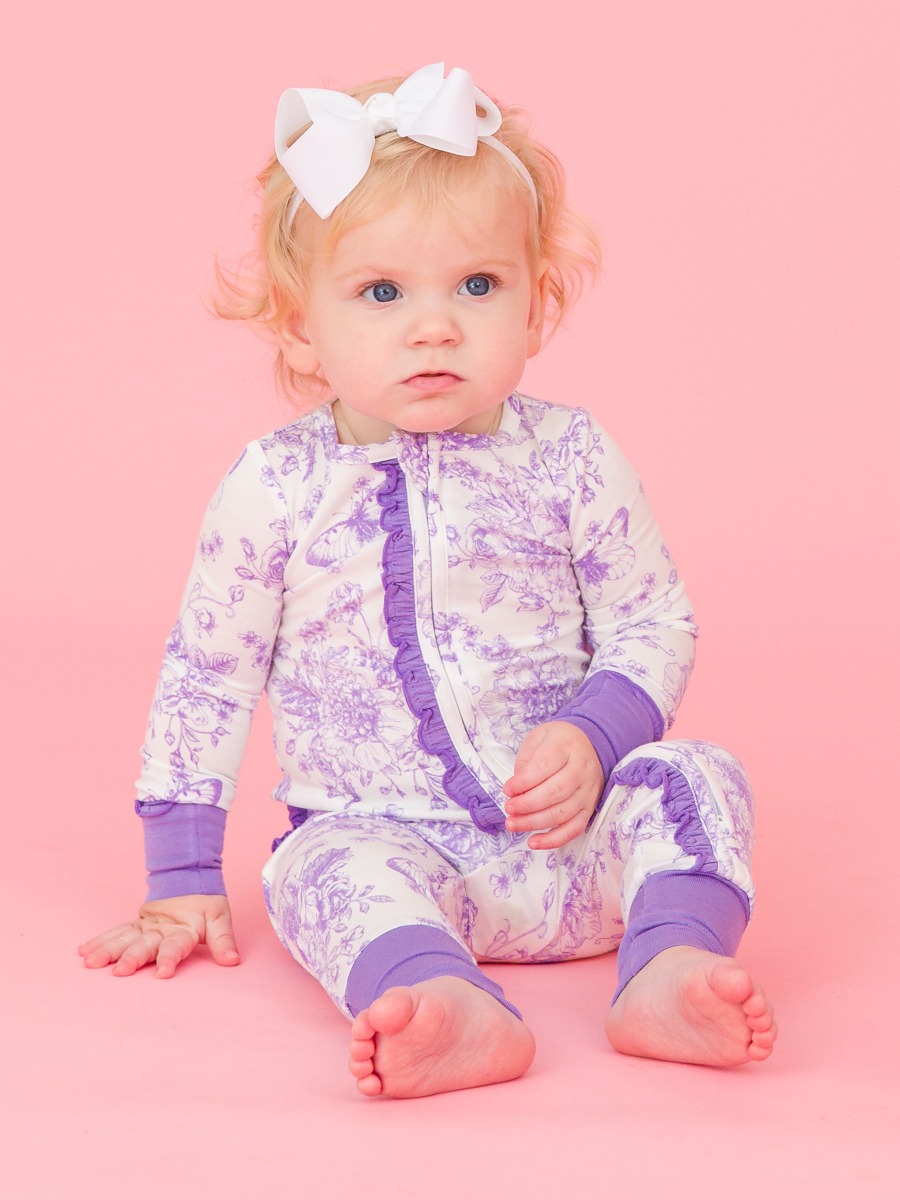 Wisteria Purple Butterfly Garden Toile Convertible Ruffle One Piece Pajama, Bamboo Viscose