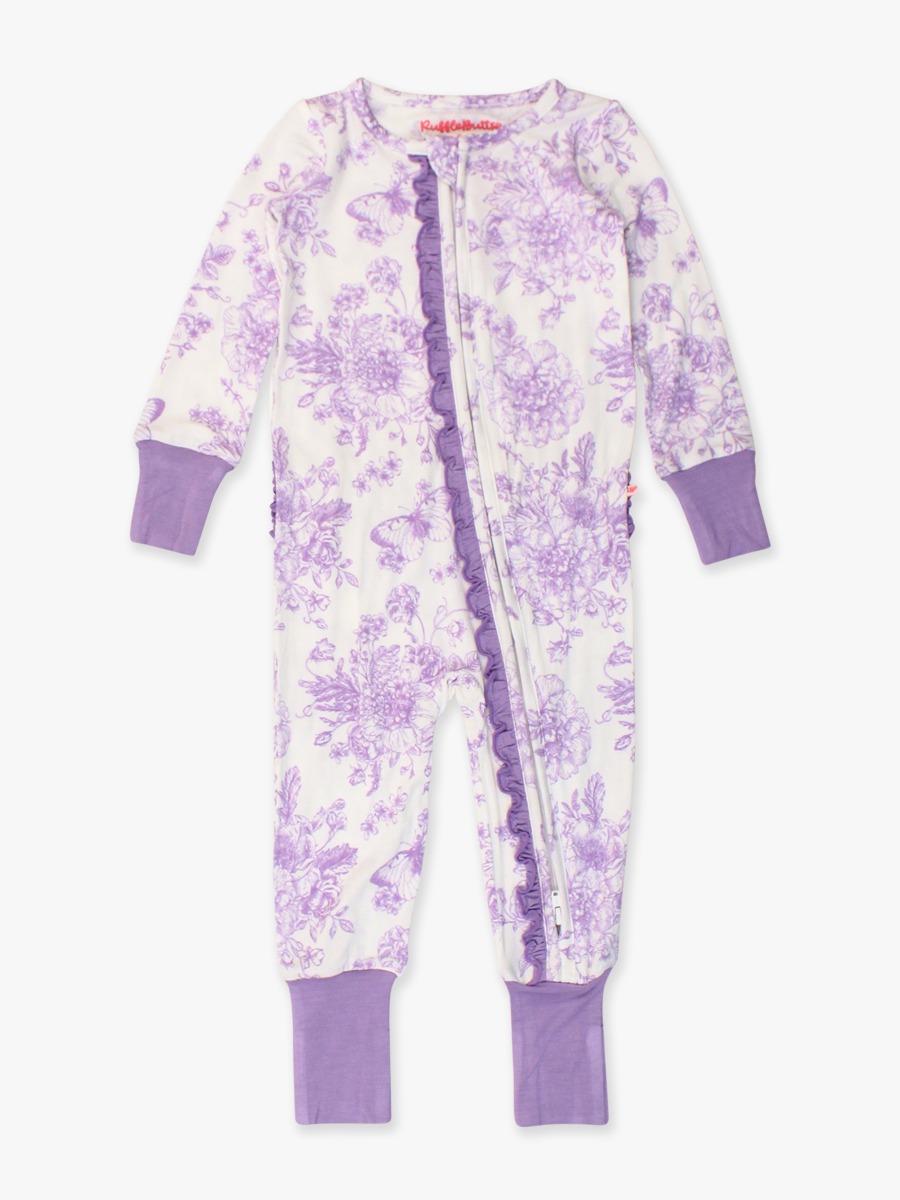 Wisteria Purple Butterfly Garden Toile Convertible Ruffle One Piece Pajama, Bamboo Viscose