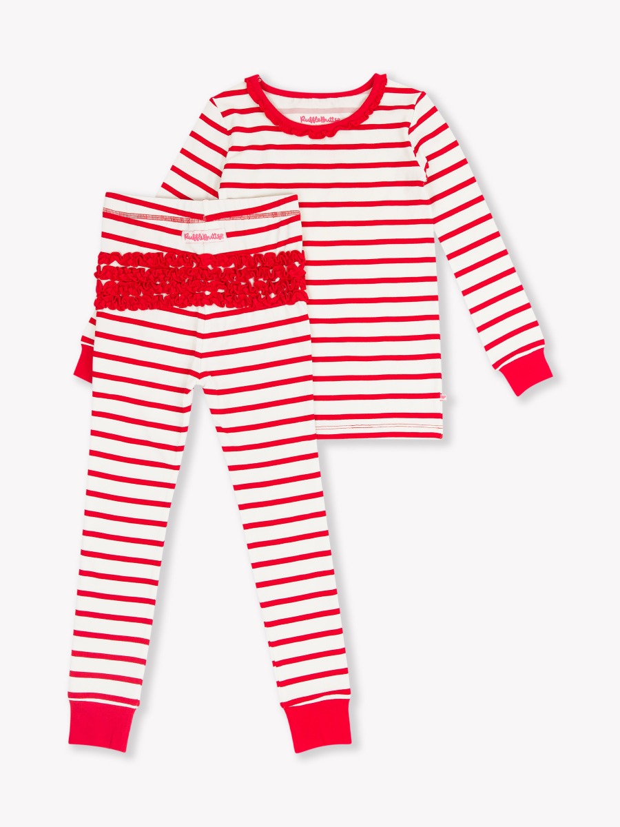 Red & White Stripe Toddler Ruffle Long Sleeve Pajama Set, Modal Blend