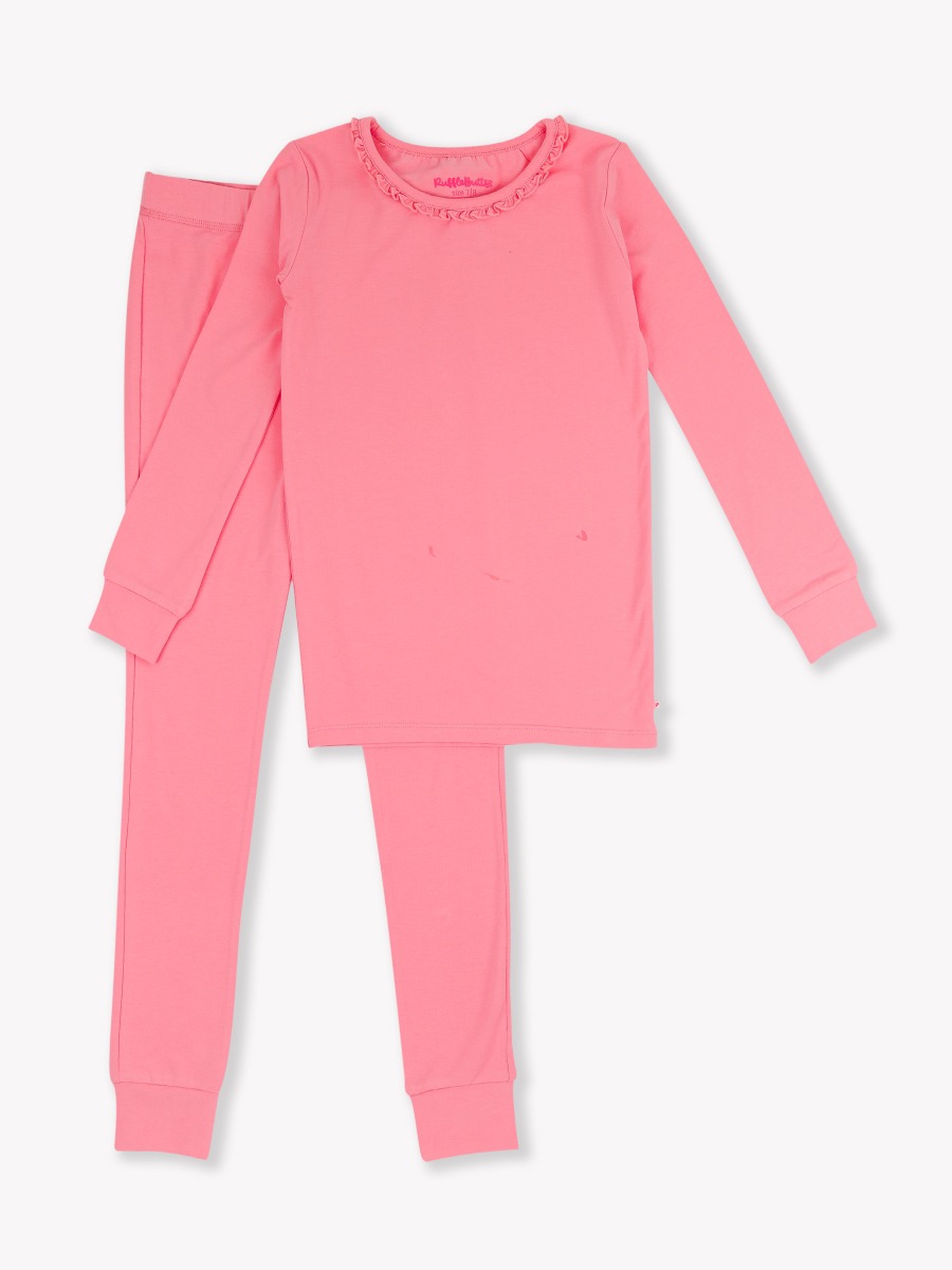 Bubblegum Pink Ruffle Long Sleeve Pajama Set, Modal Blend