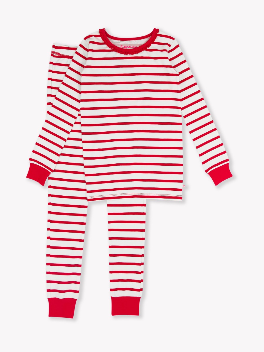 Red & White Stripe Ruffle Long Sleeve Pajama Set, Modal Blend