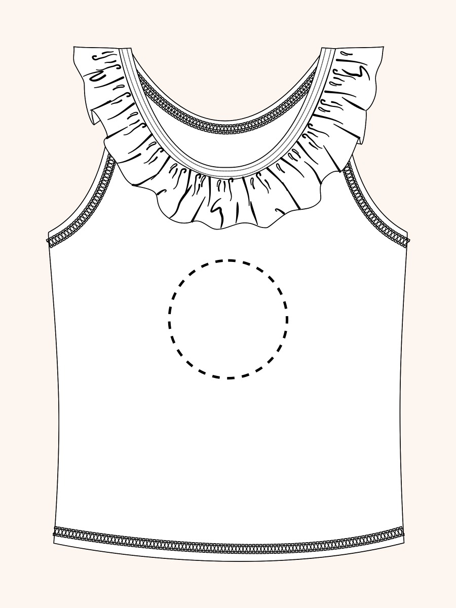 Line drawing of Pink Active Ruffle Tank Top. A dotted circle indicates the approximate location for personalization.