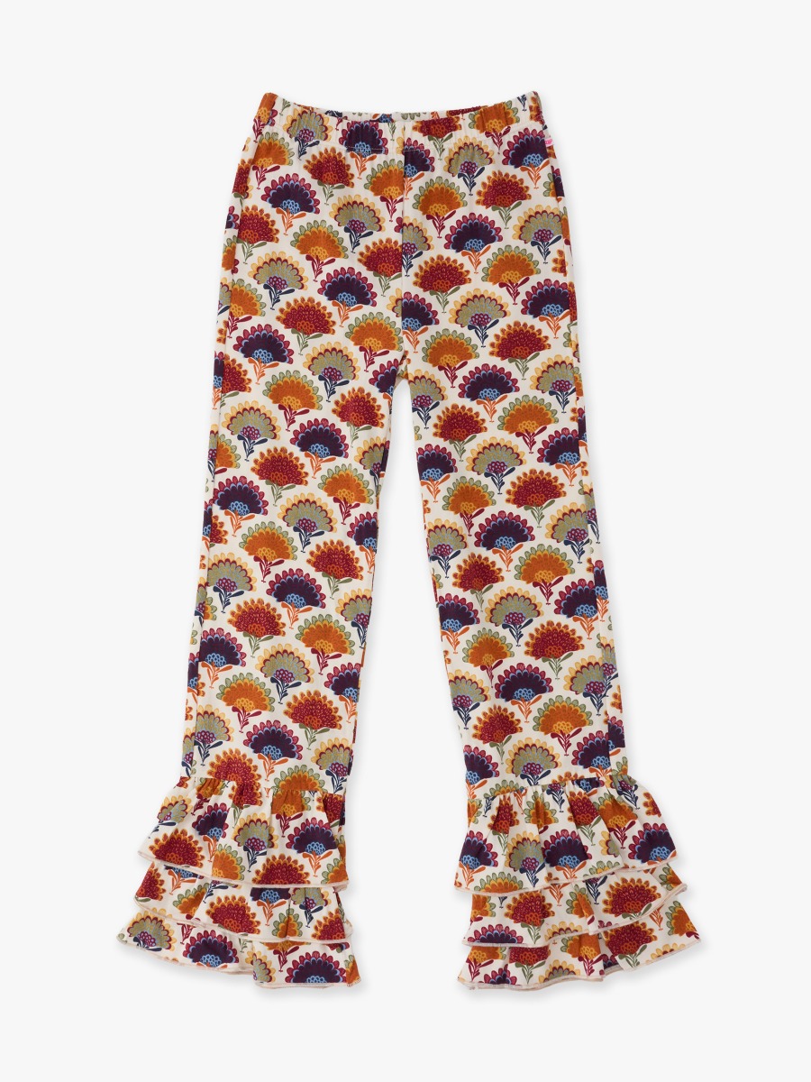 Line drawing of Maple Blossoms Flare Pants. A dotted circle indicates the approximate location for personalization.