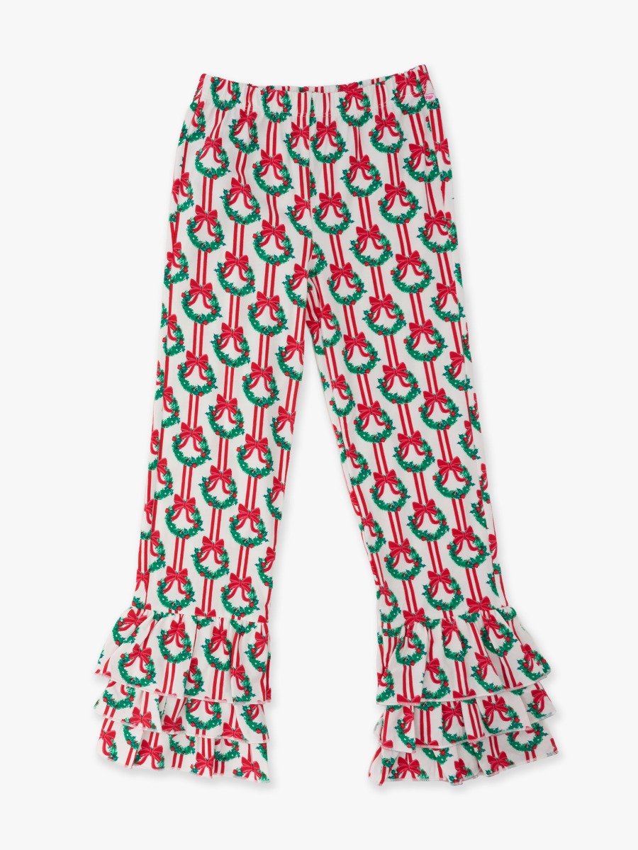 Line drawing of Deck The Halls Flare Pants. A dotted circle indicates the approximate location for personalization.