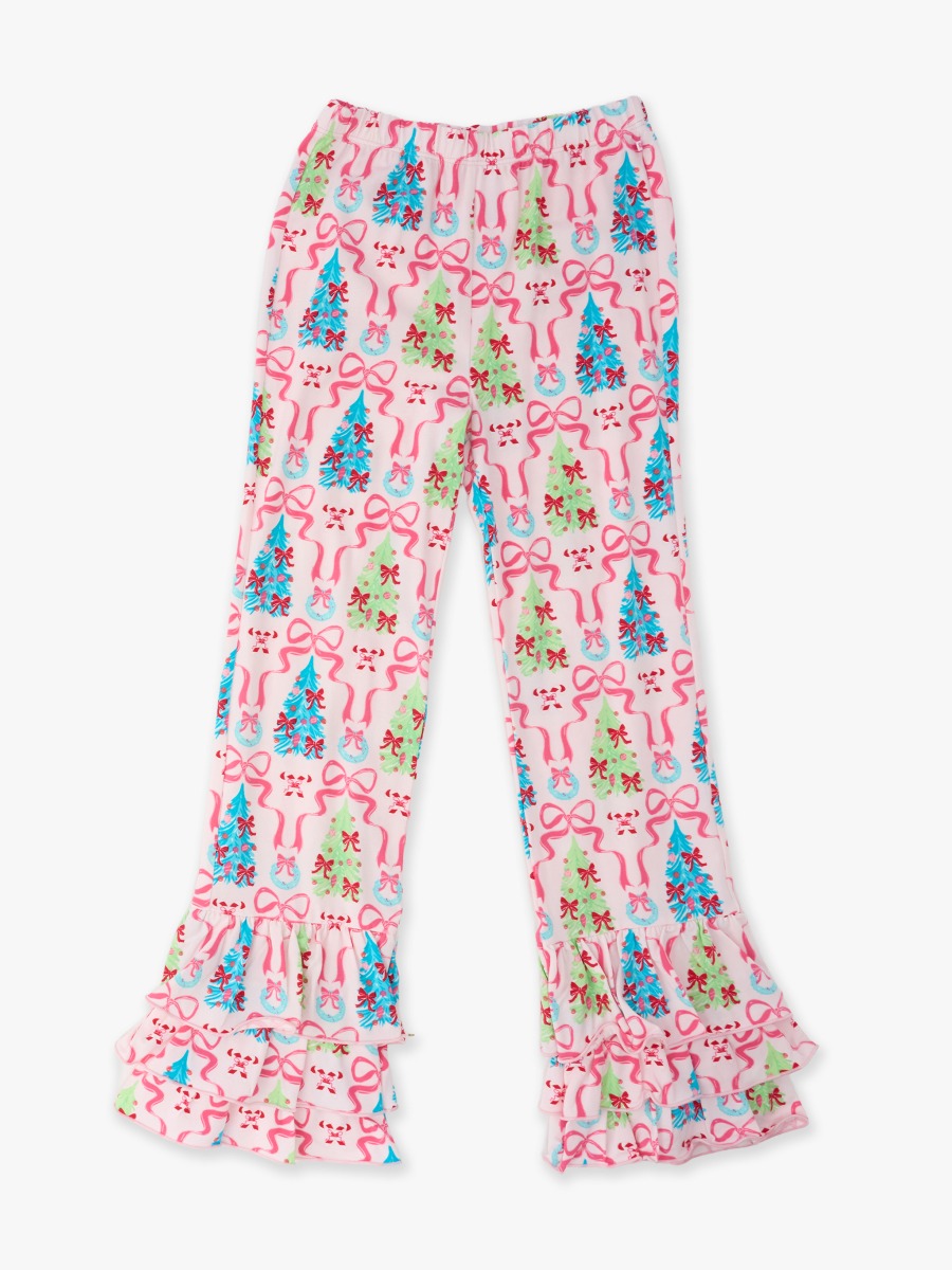 Line drawing of Merry & Bright Bows Flare Pants. A dotted circle indicates the approximate location for personalization.