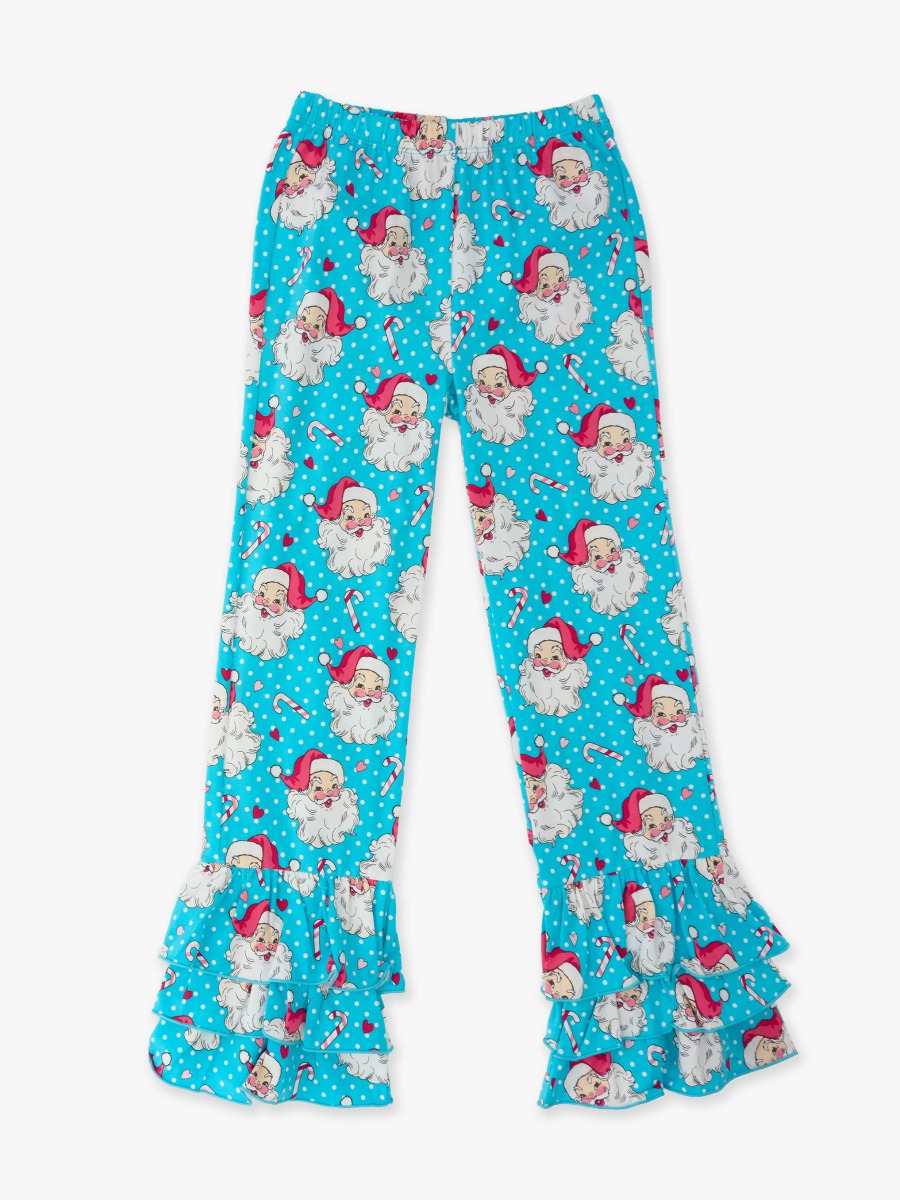 Line drawing of Blue Dots Santa Joy Flare Pants. A dotted circle indicates the approximate location for personalization.
