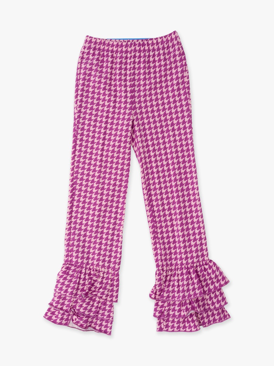 Line drawing of Plum Tart Houndstooth Flare Pants. A dotted circle indicates the approximate location for personalization.