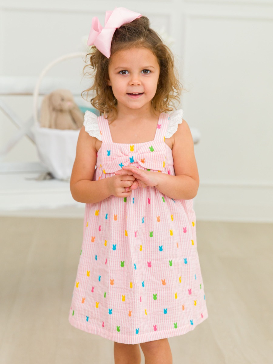Pink Bunny Stripe Cotton Gauze Flutter Bow Woven Dress
